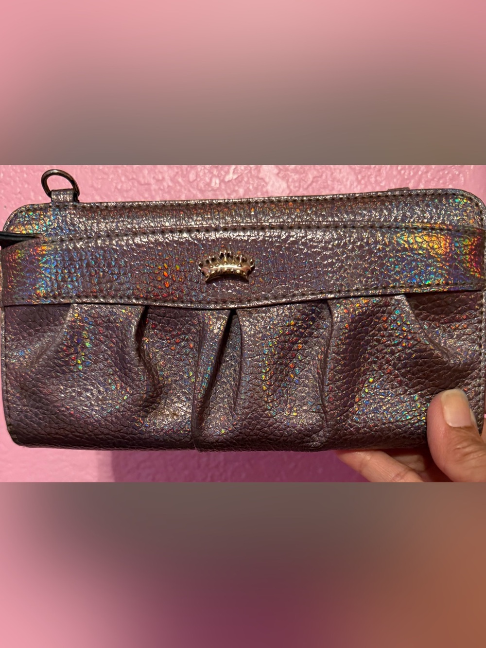 Juicy Couture Iridescent Champagne Pleated Wristlet with Crown Accent